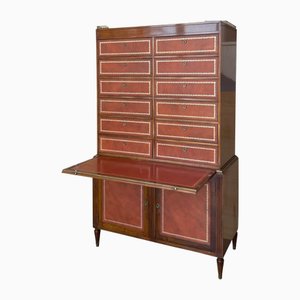 Vintage Chippendale Style Orange Tooled Leather Commode Chest of Drawers with Secretary, 1920s