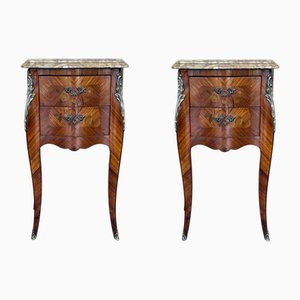 Antique French Louis XV Marquetry Marble Top Nightstands with Drawers, 1890s, Set of 2