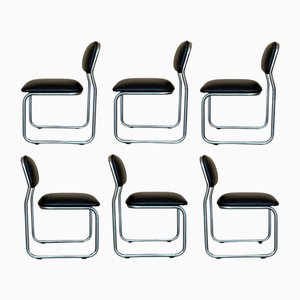 Freischwinger aus Leder & Stahl, 1970er, 6 . Set