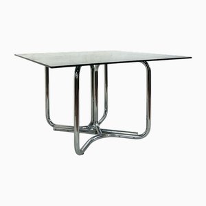 Tavolo vintage quadrato con ripiano in vetro fumé, anni '70