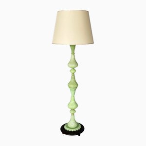 Italienische Art Deco Stehlampe aus Grünem Opalglas mit Stoff Lampenschirm, 1930er