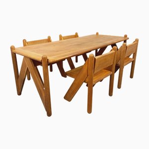 Großer Rechteckiger Tisch & Brutalistische Stühle aus Eiche, 1960er-1970er