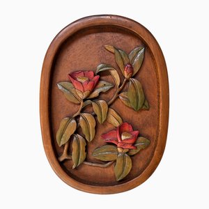 Rilievo da parete vintage in legno di peonia, Giappone, anni '50