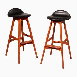 Design Bar Stoosl in Wood and Black Leather by Erik Buch, 1960, Set of 2