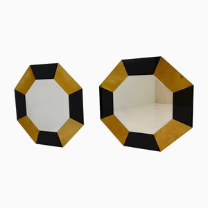 Italian Octagonal Wall Mirrors in Black and Gold Mirrored Glass, Set of 2