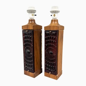 Lampade da tavolo in vetro fuso rosso ambrato e teak, Danimarca, anni '70, set di 2