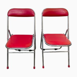 Chinese Folding Chairs in Red Imitation Leather and Chrome-Plated Frame, 1950s, Set of 2