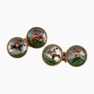 Antique 20th Century Edwardian Cased 18k Gold Showjumping Cufflinks, London, 1900, Set of 2