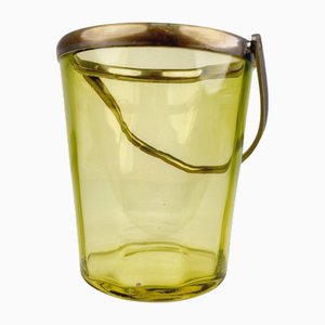 Mid-Century Modern Green Glass Ice Bucket with Metal Tongs