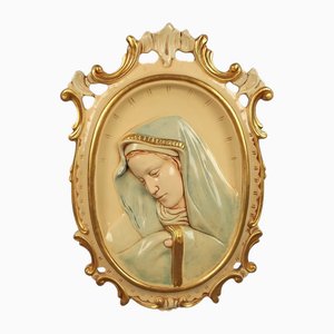 Ícono de la Virgen en relieve de madera lacada pintada a mano, años 70