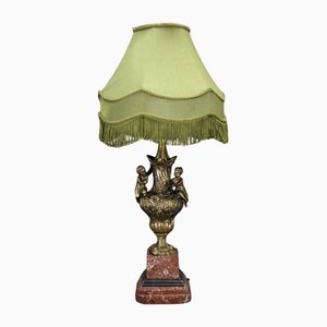 Brass and Marble Table Lamp with Fabric Shade, 1940s