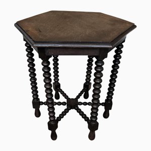 Tavolino antico esagonale in noce nero con gambe tornite a bobina, Italia, fine XIX secolo
