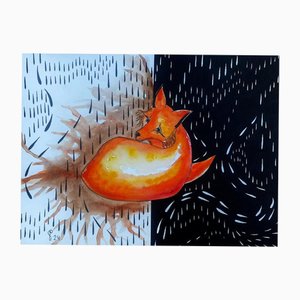 Saba Dolikashvili, Fox in Brown, 2024, Mixed Media auf Karton