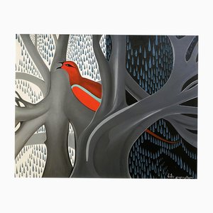 Saba Dolikashvili, Vogel in Rot, 2024, Öl auf Leinwand