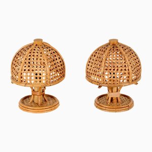Runde Tischlampen aus Bambus, Rattan & Wiener Stroh, Italien 1960, 2er Set