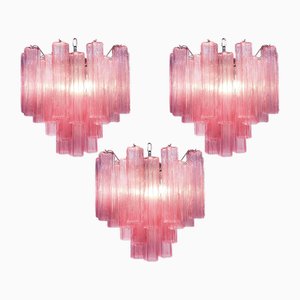 Trio Pink Glass Tube Chandeliers, Murano, 1970s, Set of 3
