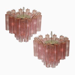 Rosa Glasröhren Kronleuchter, Murano, 1970er, 2er Set