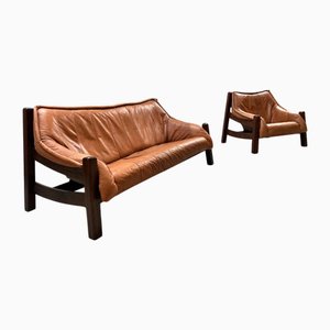 Fauteuil et Canapé en Chêne et Cuir de Chameau, Brésil, 1970s