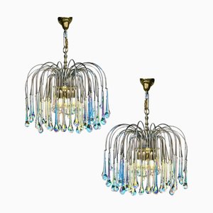 Lustre Lady Victoria Vintage avec Goutte en Verre de Murano Irisé, Set de 2