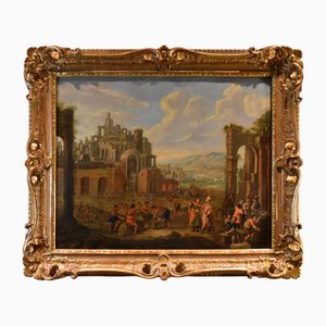 Artiste Flamand, Paysage avec Tour de Babel, 17ème-18ème Siècle, Huile sur Toile, Encadrée