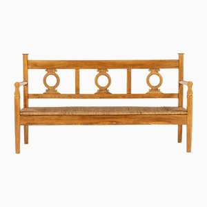 Antique Italian Cherrywood Rush Seat Bench, 1800s