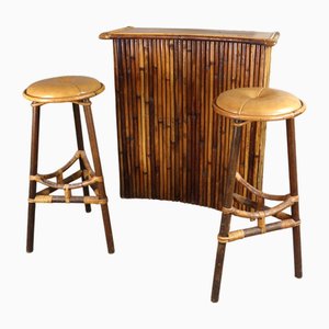 Bamboo Bar and Stools, 1960s, Set of 3