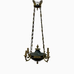 Lustre Empire à 4 Lumières en Tôle et Bronze, 19ème Siècle