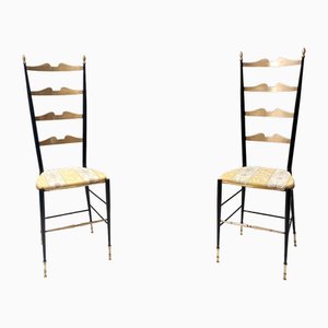 Vintage Brass and Metal Chiavarine Chairs with Yellow Upholstery, Italy, 1950s, Set of 2