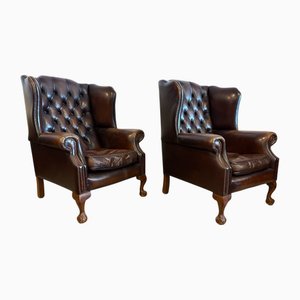 Englische Chesterfield Ohrensessel Set aus Leder