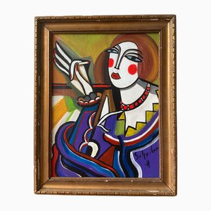 After Scheiber, Mid-Century Modern Composition, Oil Painting, 1950s, Framed