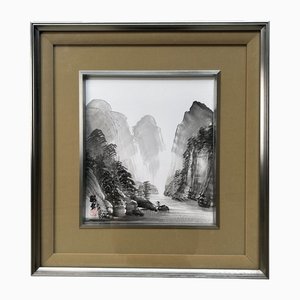 Shōshū, paisaje japonés tradicional, años 60, lavado de tinta sobre tablero Shikishi