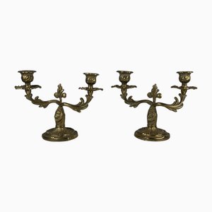 Bougeoirs à Deux Bras en Laiton Doré, 1920s, Set de 2