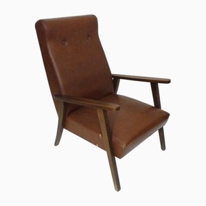 Skandinavischer Stuhl aus Braunem Kunstleder & Holz, 1950er