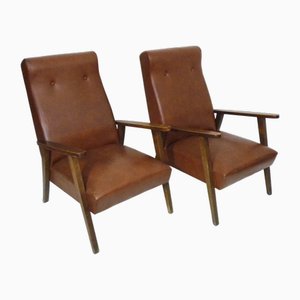 Skandinavische Stühle aus Braunem Kunstleder & Holz, 1950er