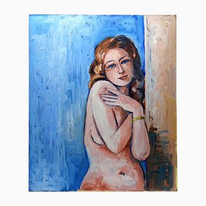 Retrato de mujer desnuda contra la pared, óleo sobre tabla, años 50