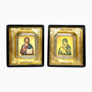 Icone antiche in oro e argento, metà XIX secolo, set di 2
