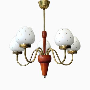 Mid-Century Modern Scandinavian Chandelier in Brass with Glass and Birch, Sweden, 1950s