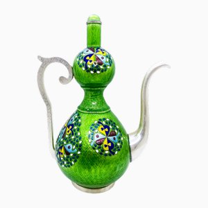 Cafetera coreana vintage de plata pura y esmalte, años 50