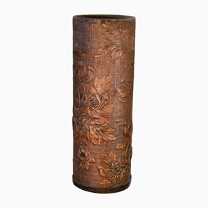 Copper-Plated Leather Umbrella Stand with Embossed Floral Decoration, 1930s