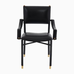 Saddle-Stitched Leather and Brass Desk Chair by Jacques Adnet, 1950