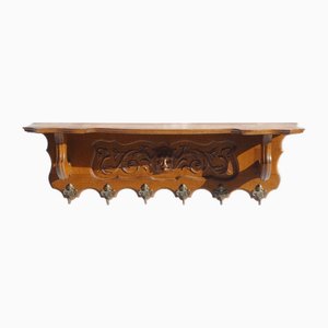 Antique Carved Wood Wall Shelf with Brass Angel Hooks