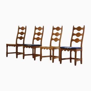 Vintage Danish Brutalist Oak High Back Chairs by Henning Kjærnulf, 1960s, Set of 4