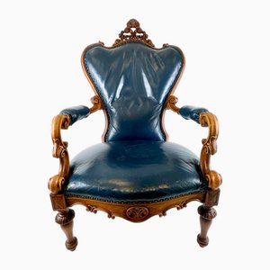 Fauteuil Antique en Noyer et Cuir Bleu, 1890s