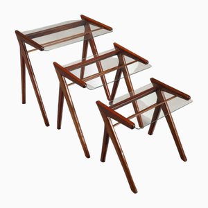Vintage Coffee Tables in Teak Veneer and Glass, 1950s, Set of 3