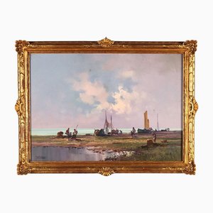 Vincenzo Gheduzzi, Seashore with Boats and Figures, 20th Century, Framed