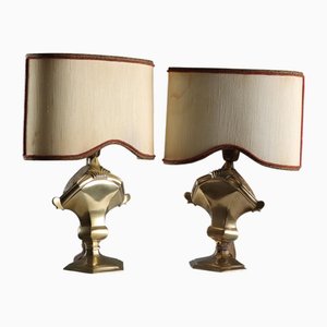 Antique Table Lamps in Bronze and Carved Wood, Italy, 20th Century, Set of 2