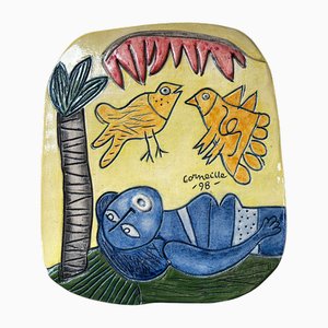 Glazed Ceramic Plate with Woman & Birds by Corneille, 1998
