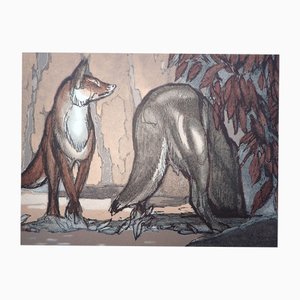 Paul Jouve, The Fox and the Wolf Under the Chestnut Trees, Wood Engraving