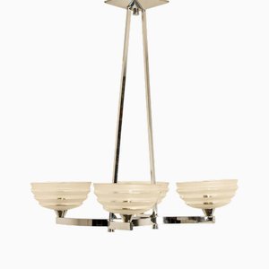 Art Deco Opaline Glass 4-Arm Chandelier, 1930s