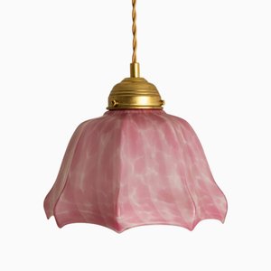 Art Deco Hand-Blown Pink Ruffled Murano Glass Pendant, 1970s